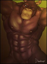 2016 abs anthro armpits barely_visible_genitalia biceps biped black_border border bovine brown_fur brown_horn brown_nipples buck_(evane) cattle front_view fur gradient_background hi_res horn horn_ring looking_at_viewer male male_only mammal muscular muscular_male navel nipple_piercing nipples nude painis18 pecs penis piercing pinup pose signature simple_background solo subtle_penis