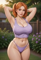 1girls ai_generated armpit_crease armpits arms_behind_head backyard belly_button blurry_background cameltoe cleavage crop_top eyelashes female ginger_hair grok hair_tie hourglass_figure large_breasts lavender_clothing light-skinned_female lipstick looking_at_viewer midriff outdoor_background outdoors pelvic_line rgomez007 self_upload skindentation sleeveless solo_female standing thick_outline thick_thighs thong_panties twintails wide_hips