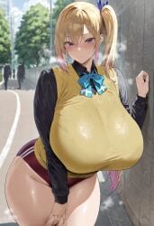ai_generated bare_thighs blonde_hair blush breasts female gigantic_breasts huge_breasts huge_thighs kawakami_mai lewisai light-skinned_female light_skin looking_at_viewer massive_breasts multicolored_hair musaigen_no_phantom_world oiled_body oiled_skin panties purple_eyes side_ponytail solo_female squatting sweat sweatdrop sweater thick_body thick_female thick_thighs thighs thighs_bigger_than_head voluptuous voluptuous_female