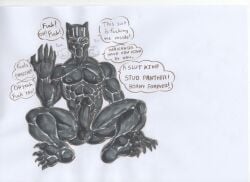 abs anal_sex biceps black_panther_(marvel) black_panther_(series) breath_cloud clawed_feet clawed_fingers clawed_toes erection face_mask fetish_wear from_front_position looking_at_viewer lorgistamanrakk_(artist) muscular muscular_male muscular_thighs panther pecs presenting_feet presenting_penis rubber rubber_suit sheath sitting slut soles soles_fetish solo_male speech_bubble spread_legs spread_thighs symbiote symbiote_suit symbiote_takeover t'challa toes