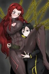 2girls abs arms_behind_back athletic_female big_breasts binah black_eyes black_hair blush bondage breast_on_head catsuit chained chains clenched_teeth clothed dubious_consent femdom femsub fit_female gebura_(lobotomy_corporation) heterochromia jacket legs_apart legs_up library_of_ruina light-skinned_female lobotomy_corporation long_hair mole mole_under_eye no_underwear one_leg_raised praycity0925 project_moon pussy red_hair restrained restrained_legs ring scar scar_across_eye scar_on_face scowl short_hair simple_background smug spread_pussy steamy_breath sweat sweatdrop tight_clothing worried yellow_eyes yellow_highlights