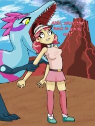 2018 3_toes 4_fingers 5_fingers absolute_territory arm_grab asking asking_what belt belt_buckle biped blue_body blue_sky bottomwear breasts buccinator buckle clothed clothed_female clothed_human clothing cloud colored day detailed_background digital_drawing_(artwork) digital_media_(artwork) dinosaur duna_nichs duo english_description english_text exclamation_point eye_through_hair eyebrow_through_hair eyebrows eyelashes eyelashes_through_hair feet female female_feral female_human female_pred female_prey feral feral_pred fingers footwear fossil_fighters front_view full-length_portrait glistening glistening_hair green_pupils hair half-length_portrait hi_res human human_prey imminent_death imminent_vore interjection larger_female larger_feral larger_pred lava legwear light_body light_skin mammal maniacalfork markings maw open_mouth outside pink_bottomwear pink_clothing pink_hair pink_legwear pink_markings pink_shirt pink_skirt pink_tank_top pink_text pink_thigh_highs pink_topwear portrait prehistoric_species pupils purple_markings red_mouth reptile rosie_richmond_(fossil_fighters) scalie scared shaded shadow sharp_teeth shirt shoes size_difference skirt sky smaller_female smaller_human smoke sneakers snout standing tank_top teal_clothing teal_footwear teal_shoes teal_sneakers teeth text thigh_highs three-quarter_view toes topwear translucent translucent_hair twintails unwilling_prey uvula vivosaur volcano vore white_clouds yellow-eyed_female yellow_eyes