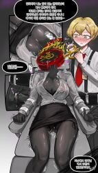 1boy belt black_bra blonde_hair blush bound bound_wrists bra breasts bulge chair cleavage clenched_hand clock collared_shirt commentary_request cum cum_in_clothes cum_through_clothes dante_(limbus_company) dark-skinned_female dark_skin erection erection_under_clothes female fire flaming_head heart highres korean_commentary korean_text lace-trimmed_bra lace_trim large_breasts limbus_company long_sleeves miniskirt mole mole_on_breast necktie object_head on_chair open_mouth overalls pants praycity project_moon pussy_juice red_necktie restrained shiny_skin shirt short_hair simple_background sinclair_(project_moon) sitting skirt sound_effects speech_bubble stationary_restraints sweat tied_to_chair translation_request underwear very_sweaty wet wet_clothes white_shirt yellow_eyes