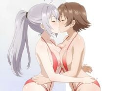 ai_generated alisa_mikhailovna_kujou blue_eyes brown_eyes brown_hair brown_skin closed_eyes eyebrows_visible_through_hair eyelashes_visible_through_hair highres hugging kissing large_ass large_breasts makeup mariya_mikhailovna_kujou nipples_visible_through_clothing ponytail shiny_body shiny_hair short_hair sisters slingshoot_bikini sweatdrop tagme teenage_girl thin_waist tokidoki_bosotto_russian_de_dereru_tonari_no_alya-san tongue_kiss video voice_edit waifu2x white_background white_hair white_skin yuri