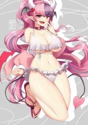 2022 5_fingers absurd_res big_breasts bikini breasts clothing collar demon demon_humanoid digital_media_(artwork) erotanuki female fingers footwear front_view grey_background hair hi_res horn humanoid humanoid_pointy_ears indie_virtual_youtuber ironmouse membrane_(anatomy) membranous_wings navel not_furry open_mouth pink_clothing pink_footwear pink_hair pink_sandals pointy_ears red_eyes sandals shoes simple_background smile smug solo spade_tail swimwear tail two-piece_swimsuit vtuber wings