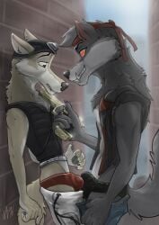 alley anthro bottomwear bottomwear_down bulge bulge_frottage canid canine canis clothed clothing desert_eagle dire_(fortnite) dire_wolf duo ears_back ears_up epic_games fortnite gun handgun hat headgear headwear hi_res holding_object holding_weapon looking_down male male/male mammal pants pants_down partially_clothed pistol pivoted_ears prehistoric_species ranged_weapon rubbing scared smile street threatening weapon wendell_(fortnite) wolf wolfyalex96