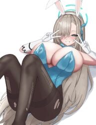 absurdres animal_ears asuna_(blue_archive) asuna_(bunny)_(blue_archive) blonde_hair blue_archive blue_bow blue_bowtie blue_eyes blue_halo blue_leotard blush bow bowtie breasts cleavage detached_collar double_v fake_animal_ears female gloves grin hair_over_one_eye halo highres large_breasts leotard long_hair looking_at_viewer lying on_back oyumaru_(oyu135) pantyhose playboy_bunny rabbit_ears smile solo strapless strapless_leotard thighband_pantyhose torn_clothes torn_pantyhose v very_long_hair white_gloves