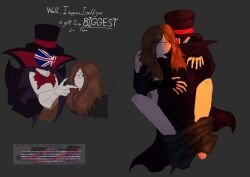 artist_self-insert black_clothing brown_hair clothed clothed_male_nude_female english_text female fingerless_gloves glasses glebvorlanik hetero_sex ibispaintx leg_grab male male/female male_penetrating_female orange_lighting pants_down self_insert self_upload selfship smaller_female standing_sex submissive_female text top_hat yumeshipping