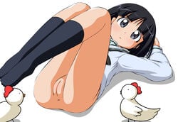 anus black_hair blue_eyes blush bottomless chicken female girls_und_panzer lying on_back petite pussy school_uniform short_hair solo sono_midoriko stockings