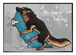 anatomically_correct anatomically_correct_genitalia anatomically_correct_penis animal_genitalia animal_penis bite black_body black_fur bodily_fluids brown_body brown_fur canid canine canine_genitalia canine_penis canis clyde_wolf cum cumshot domestic_dog ear_piercing ear_ring ejaculation feral fur genital_fluids genitals german_shepherd grinding herding_dog knot male mammal masturbation orgasm pastoral_dog penile penile_masturbation penis piercing pillow pillow_bite pillow_humping quadruped ring_piercing side_view solo