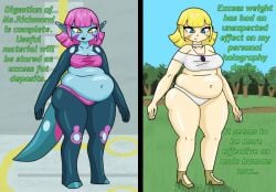2018 5_fingers after_vore animal_humanoid belly big_belly biped black_eyebrows blonde_hair blue_body blue_ears blue_eyes blue_eyes_female blue_inner_ear blue_markings blue_sky blue_tail boots breasts choker chubby chubby_belly chubby_female chubby_pred cleavage clothed clothed_female clothed_human clothed_humanoid clothing collarbone colored cutaway day detailed_background dialogue digested digested_prey digital_drawing_(artwork) digital_media_(artwork) dinaurian dinosaur_humanoid disguise duna_nichs duo ellipsis english_description english_text eyebrows eyelashes facial_markings fat fat_female fatal_vore featureless_feet feet female female_human female_humanoid female_pred female_prey fingers footwear forest fossil_fighters front_view full-length_portrait glistening glistening_body glistening_hair glistening_skin grass green_grass green_leaves green_text hair head_markings hi_res high_heeled_boots high_heels human human_disguise human_prey humanoid humanoid_pointy_ears humanoid_pred inside_stomach internal jewelry light_body light_skin mammal maniacalfork markings name_in_dialogue navel necklace nintendo no_pupils non-mammal_breasts non-mammal_navel open_mouth outside overweight overweight_female overweight_human overweight_humanoid panties pink_clothing pink_hair pink_markings pink_panties pink_topwear pink_tube_top pink_underwear plant pointy_ears portrait purple_markings reptile reptile_humanoid scalie scalie_humanoid scared shaded shadow shoes sky standing tail tailed_humanoid tan_boots tan_clothing tan_footwear text thick_thighs three-quarter_view topwear tree tube_top two_panel_image underwear vivosaur vore white_choker white_clothing white_jewelry white_necklace white_panties white_underwear yellow_eyes yellow_eyes_female