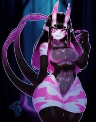 big_ass big_breasts big_butt big_thighs big_titties black_hair clothing commission crisdeku curvaceous curvaceous_female curvaceous_figure curvy curvy_figure curvy_hips demon demon_girl demon_horns demon_tail female female_focus female_only leotard long_hair original original_character tagme