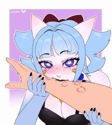 1boy 1girls 2025 anthro arm_grab bite_mark bite_mark_on_arm biting biting_arm black_lipstick black_nail_polish blue_eyes blue_hair eliza_(jollysart) eyebrows_visible_through_hair eyelashes female female_focus freckles gardevoir generation_3_pokemon hair_ribbon heart-shaped_pupils hi_res jollysart looking_at_viewer male male_pov nintendo pokemon pokemon_(species) pov pov_eye_contact shiny_gardevoir shiny_pokemon wholesome