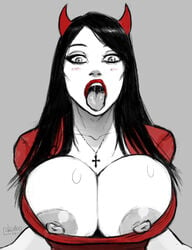 big_breasts bimbo black_hair blush breasts cleavage clothing cross devil devil_girl_(devil_hs) devil_hs deviline drawing female hannah_minx lipstick long_hair looking_at_viewer necklace nipples open_mouth original red_lipstick succubus