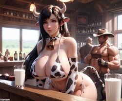 (titancore) ai_generated bar big_breasts bikini_bottom bikini_top black_hair bovine bovine_humanoid cosplay costume cow_bell_collar cow_ears cow_girl cow_print cow_tail cowboys customers female final_fantasy_vii girl huge_breasts long_hair milk milk_bottle red_eyes ribbon_in_hair tifa_lockhart video_game_character