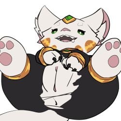 1:1 claws clothing domestic_cat felid feline felis female feral forehead_gem fur gem genitals godforgiveme4 hi_res kyu_(shot_one) lying mammal on_back paws presenting presenting_vulva simple_background solo torn_clothing vulva white_body white_fur