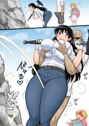 1boy 1boy2girls 2girls 2girls1boy anonymous_male bent_over big_breasts black_hair blue_eyes blue_jeans blush breast_grab breasts breasts_bigger_than_head clothed_female clothed_sex crystal cum denim dominant_male ejaculating ejaculating_cum ejaculation ejaculation_between_thighs ejaculation_under_clothes erection erection_under_clothes female grabbing grabbing_another's_breast grabbing_breasts green_eyes groping groping_breasts hi_res highres horny_male huge_breasts huge_thighs jeans jewelry keiichi_r18 large_breasts light-skinned_female light_skin long_black_hair long_hair looking_at_another male nagi_arato older_female open_mouth orange_hair penis penis_between_thighs penis_out rock rocks ruri_no_houseki ruri_rocks semen sex sexual_harassment shocked shocked_expression spraying submissive_female tanigawa_ruri thick_thighs thighs watching watching_from_afar white_shirt wide_hips younger_female