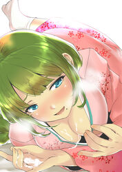 blue_eyes breasts cleavage cum cum_in_hands cum_on_body cum_on_upper_body female fingernails green_hair highres japanese_clothes kantai_collection kimono kimono_pull long_sleeves looking_at_viewer lying medium_breasts mole mole_under_mouth nekotama1987 on_bed on_side pink_kimono solo suggestive_fluid white_background white_legwear wide_sleeves yuugumo_(kantai_collection)