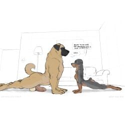 adam_wan anthro balls canid canine canis colored domestic_dog edited female kangal kangal_(zaush) larger_male male nude penis rottweiler size_difference yoga zaush