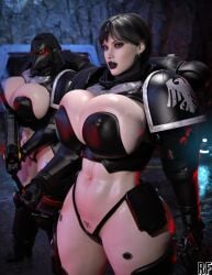 2girls 3d big_breasts black_hair black_lipstick black_panties bolt_gun crotch_tattoo earrings female female_space_marine goth holding_weapon huge_breasts pale_skin pubic_tattoo raven_guard rude_frog rule_63 skimpy_armor space_marine warhammer_40k weapon