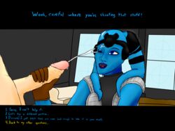 1boy 1girls alien bendycindy blue_eyes blue_skin cfnm cum cum_on_face cumming cumshot dialogue english_text female gloves interspecies knights_of_the_old_republic male mission_vao partial_male penis star_wars text twi'lek wink