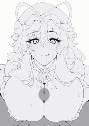 1boy 1girl animated animated_gif blinking blush bow bowtie breasts buckethead_ero censored closed_mouth female hair_in_own_mouth hat hetero huge_breasts line_art long_hair looping_animation mob_cap mosaic_censoring nose_blush paizuri penis pov smile solo_focus straight touhou yakumo_yukari yukari_yakumo