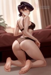 1girls 2d ai_generated ass bangs barefeet big_ass big_breasts black_hair bra breasts erophoenix female female_focus full_body komi-san_wa_komyushou_desu komi_shuuko looking_at_viewer looking_back navel nude pale_skinned_female panties patreon_username short_hair smile solo solo_female sweat thick thick_thighs uncensored underwear