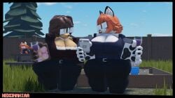 1boy 2girls 3d anthro canine clothed female_focus floppy_ears fox furry furry_only milf mommy nekomaniaa roblox roblox_avatar robloxian self_upload tagme