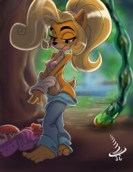 absurd_res activision anthro bandicoot breasts coco_bandicoot crash_(series) dapperscrew female food fruit hi_res jungle_background mammal marsupial nude plant slime small_breasts solo tentacle undressing_self wumpa_fruit