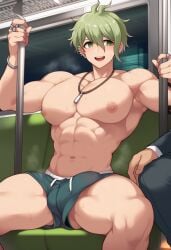 abs ai_generated biceps brown_hair danganronpa danganronpa_v3 dick enormous_breasts gay green_hair huge_cock in_public muscular night oriven pants pecs pectorals rantaro_amami sex submissive subway underwear