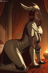1girl ai_generated all_fours armor breastplate breasts brown_hair candle curtains dark-skinned_female dark_elf dark_skin digitalwaifugallery elf facial_tattoo fingerless_gloves fire from_side gloves gold_armor hi_res high_quality high_resolution indoors janai_(the_dragon_prince) long_hair looking_at_viewer medium_breasts open_mouth orange_eyes patreon pauldrons pointy_ears seductive sexy shoulder_armor shoulder_plates solo teeth the_dragon_prince uncensored watermark