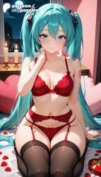 1girls 2026 ai_assisted ai_generated anime artist_name bed bra explicit garter_belt hatsune_miku hi_res high_quality high_resolution highres long_hair miku_hatsune navel on_bed panties patreon patreon_username petals pillow red_bra skypassion solo stable_diffusion thighhighs twintails underwear valentine's_day valentines_day very_long_hair vocaloid watermark