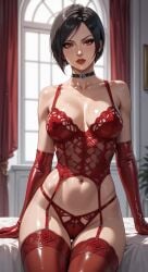 1girls ada_wong ai ai_generated bra choker corset dominatrix elbow_gloves female g-string lingerie long_gloves nude panties red_g-string red_lingerie red_stockings stockings