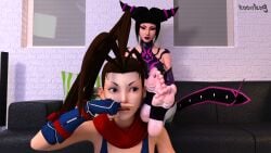 2girls capcom couch couch_sitting covering_nose crossed_feet crossed_legs digital_media_(artwork) disgusted disgusted_expression disgusted_face disgusted_female disgusted_look feet feet_fetish feet_focus feet_on_shoulders female_only foot_fetish foot_focus high_quality high_resolution highres ibuki_(street_fighter) juri_han knowlang smirk smirking soles soles_female soles_fetish soles_focus soles_up stirrup_footwear stirrups street_fighter street_fighter_v sweaty_feet