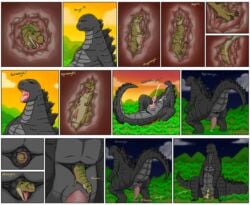 anal_vore animal_genitalia anus ass black_scales brown_scales claws comic cum dinosaur forest gaping gaping_anus gay godzilla godzilla_(series) internal livinlovindude macro masturbation mountain night open_mouth outside penis puffy_anus pushed_out raised_tail reptile scales scalie sitting size_difference sunset theropod tree tyrannosaurus_rex vore yaoi