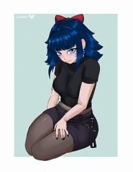 1girls 2025 blue_eyes blue_hair dark_blue_hair earrings eliza_(jollysart) female female_only freckles gardevoir hair_ribbon hi_res humanized jean_shorts jollysart kneeling looking_at_viewer nintendo pantyhose pokemon pokemon_(species) shorts smiling smiling_at_viewer solo t-shirt