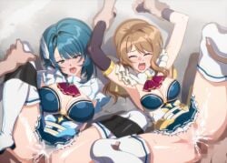 2girls 3boys aizawa_kazuha armpits arms_behind_back arms_up ascot assault_lily assisted_rape asymmetrical_hair asymmetrical_sleeves blue_dress blue_eyes blue_hair bondage bondage boots border bound bound_legs breasts breasts_apart brown_hair censored cleavage closed_eyes clothed_sex commentary_request commission detached_sleeves dress elbow_gloves feather_hair_ornament feathers feet_out_of_frame female_ejaculation frilled_dress frills gloves group_sex hair_ornament hand_on_another's_leg holding_another's_wrist iijima_renka long_hair long_sleeves low_side_ponytail lower_teeth_only lying medium_breasts medium_hair mosaic_censoring mototenn multiple_boys multiple_girls no_panties official_alternate_costume on_back on_ground open_mouth orgy outdoors penis pussy raised_eyebrows rape red_ascot sex shadow short_dress shrug_(clothing) side-by-side skeb_commission sleeves_past_wrists spread_legs straight strapless strapless_dress sweat tape teeth thigh_boots two-tone_dress vaginal_penetration white_boots white_border white_dress white_shrug