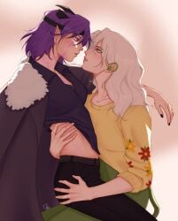2girls arkanis ass ass_grab bagi_(qsmp) bangs before_sex belly clothed dominant female female_only grabbing grabbing_ass horns horny lesbian_couple light_skin looking_at_another midriff moonkase purple_hair simple_background sitting white_hair yuri