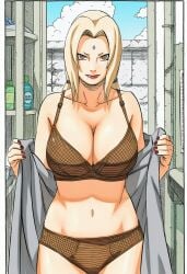 accurate_art_style accurate_body_type accurate_proportions ai_generated big_breasts blonde_hair busty busty_female curvaceous curvy curvy_female curvy_figure light-skinned_female lingerie manga_style milf naruto naruto_(series) tsunade underwear undressing voluptuous voluptuous_female