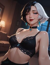 ai_generated benj17 black_hair female female_focus luna_snow marvel marvel_rivals nude shiny_skin solo stable_diffusion sweat uncensored watermark