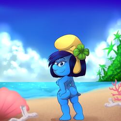 2017 areola ass beach blue_eyes blue_hair blue_skin breasts female hair half-closed_eyes humanoid lonbluewolf looking_at_viewer looking_back nipples nude pussy seaside smurfstorm solo the_smurfs