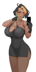 1girls 2026 2d 2d_(artwork) big_breasts black_dress black_hair breasts brown_eyes choker cleavage clothing domina dress ear_piercing earrings female female_only gloves handwear hips holding_object holding_phone huge_breasts human human_only jnsdh mature mature_female neckwear one_eye_closed overwatch parted_lips phone questionable selfie sfw short_dress simple_background solo solo_female thighs two-tone_hair white_background wink winking yellow_hair