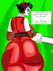 alternate_version_available ass_focus big_ass big_butt black_eyeliner black_hair black_lipstick chainsaw colored fully_clothed homestuck homestuck_troll kanaya_maryam lemondrink looking_at_viewer red_dress sharp_teeth shiny small_breasts vampire webcomic_character