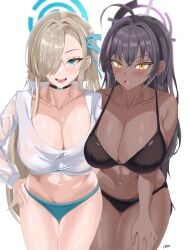 absurdres ahoge asuna_(blue_archive) asymmetrical_docking bikini black_bikini black_choker black_hair blue_archive blue_bikini blue_eyes blue_panties blue_ribbon blush breast_press breasts brown_hair choker cleavage crop_top dark-skinned_female dark_skin hair_over_one_eye hair_ribbon halo hand_on_own_hip hand_on_own_thigh highres karin_(blue_archive) large_breasts long_hair looking_at_viewer midriff navel open_mouth panties ribbon shirt swimsuit thigh_gap underwear vsyhsm white_shirt yellow_eyes