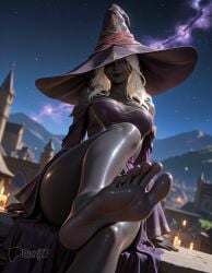 ai_generated benj17 black_hair black_skin elden_ring elden_ring_nightreign female female_focus fromsoftware nude recluse_(nightreign) shiny_skin solo stable_diffusion sweat uncensored watermark white_eyes