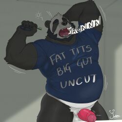 1:1 absurd_res anthro balls bear beard belly blue_clothing blue_shirt blue_t-shirt blue_topwear bottomless brush chubby_cheeks clothed clothing erection facial_hair foreskin genitals giant_panda hi_res huge_filesize humanoid_genitalia humanoid_penis just_woke_up male mammal nipple_outline open_mouth overweight overweight_anthro overweight_male pawpads paws penis shirt shirt_only slightly_chubby solo stomach_bulge t-shirt t-shirt_only teeth_showing throbbing throbbing_penis toothbrush topwear topwear_only uncircumcised yawn yawning_position yetsu yetsupanda