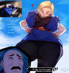1boy 1girls android_18 bare_shoulders big_breasts blonde_hair blue_eyes breasts cameltoe canon_couple commentary completely_nude condom dragon_ball dragon_ball_z english_commentary english_text female forehead highres huge_breasts imminent_sex impregnation_request jojo_reference krillin kuririn large_breasts mai_arti male meme nipple_bulge reference shiny_skin short_hair solo solo_female talking thighs to_be_continued