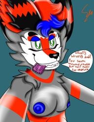 black_fur blue_fur breasts condom cornered eyeliner fur green_eyes grey_fur incest makeup nipples red_fur