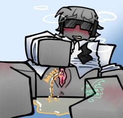 accurate_robloxian biblically_accurate_robloxian blush chance_(forsaken) deepseatrenches forsaken_(roblox) glasses glasses_on_face golden_tooth gray_hair gray_skin grey_body grey_hair grey_skin headphones headphones_on_head needs_tags nonbinary omorashi peeing peeing_on_floor peeing_self pissing pissing_on_floor pissing_self shades sunglasses sunglasses_down sunglasses_on_face tagme urination urine urine_stream wearing_headphones