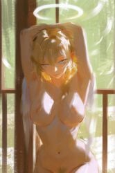 1girls angel angel_wings anime_nose big_breasts blonde_hair breasts brush covered_nipples covering_breasts daesys digital_media_(artwork) digital_painting_(artwork) female heaven long_hair middrif navel nose original original_character perfect_body perfect_boobs pose simple_background solo solo_female solo_focus wing